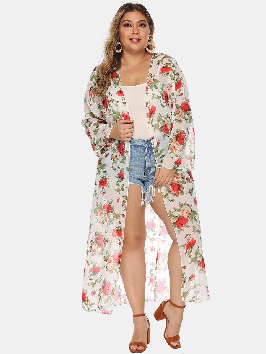 Plus Woman Size Woman Rose Print Beachwear Cover Up Kimono