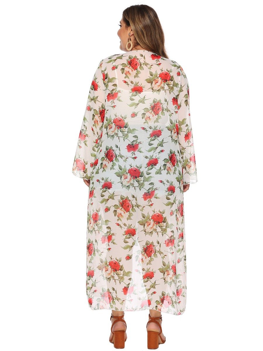 Plus Woman Size Woman Rose Print Beachwear Cover Up Kimono
