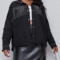 Plus Woman Size Woman Rhinestone Tassel Trim Denim Shirt Jacket
