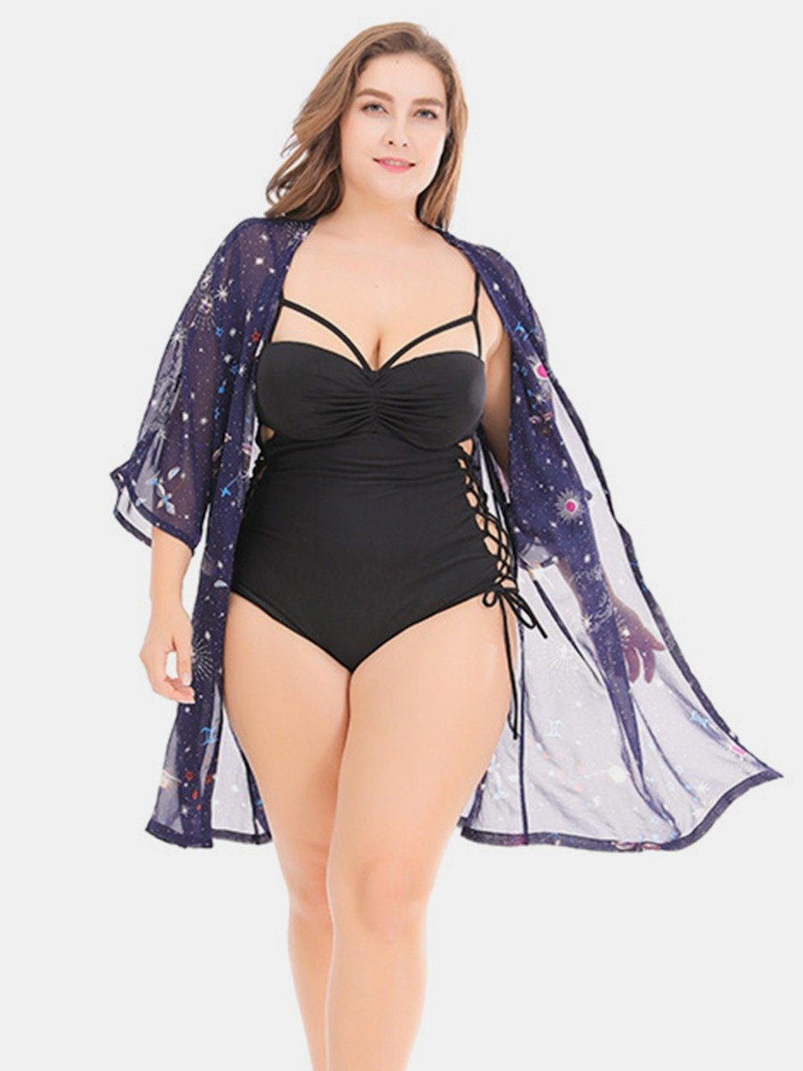 Plus Woman Size Woman Starry Pattern Beachwear Sheer Cover Up Kimono