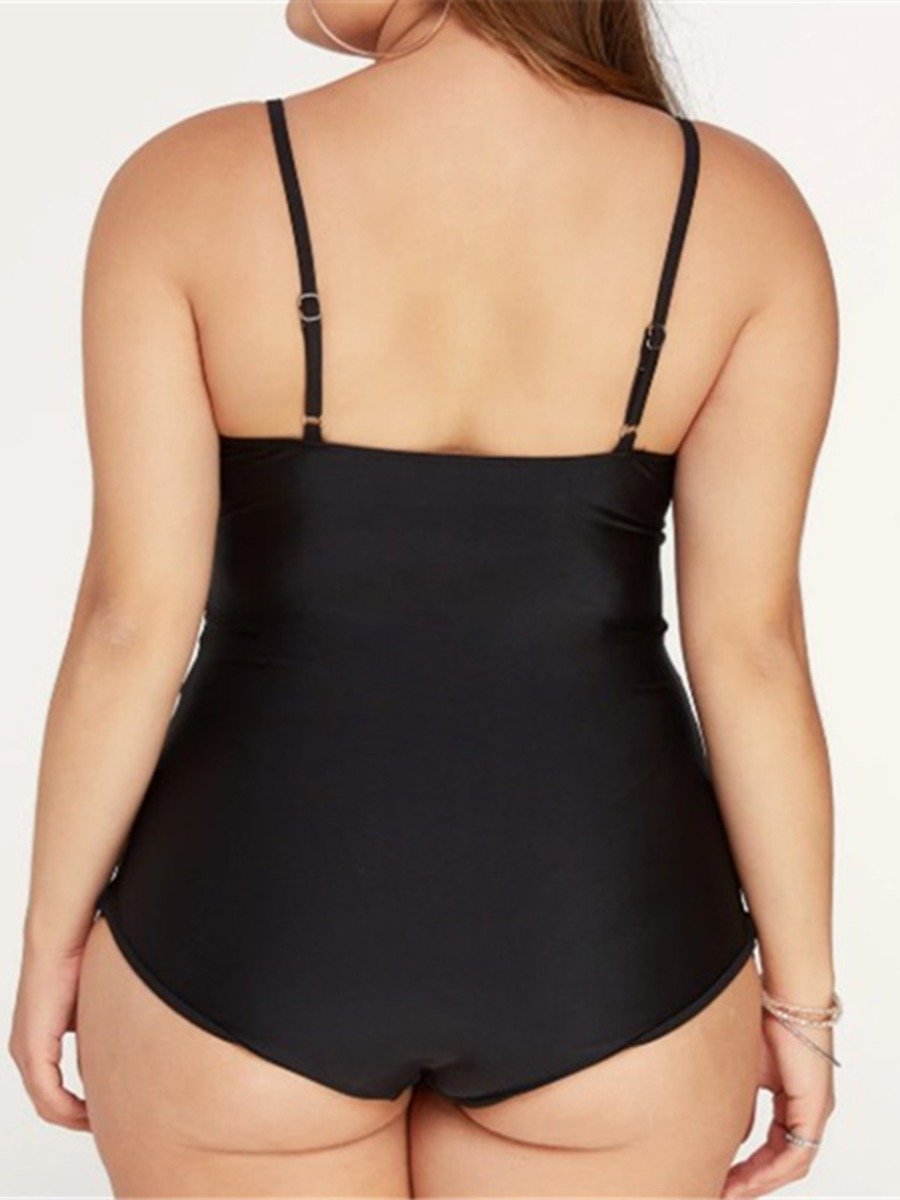 Plus Woman Size Woman Lace-Up Black Suspender Swimsuit