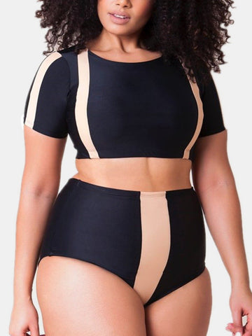 Plus Woman Size Woman Colorblock Crop Top &Amp; Shorts Swimsuit