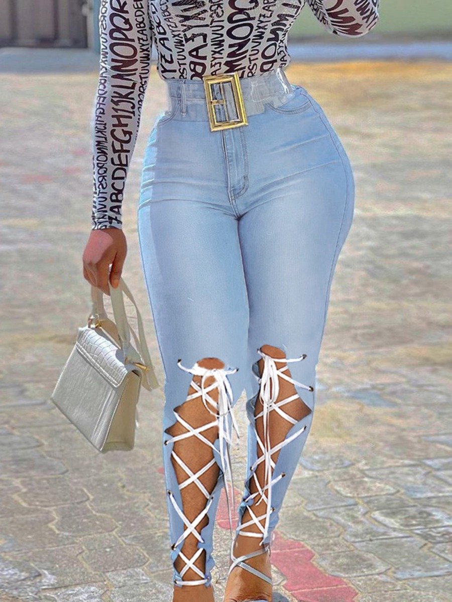 Plus Eyelet Lace-Up Design Fitted Woman Jeans
