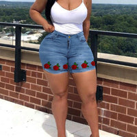Plus Woman Size Woman Rose Flower Print Denim Shorts