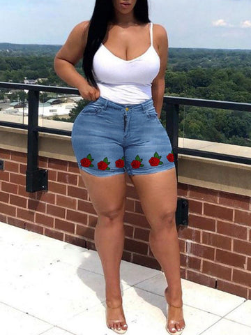 Plus Woman Size Woman Rose Flower Print Denim Shorts