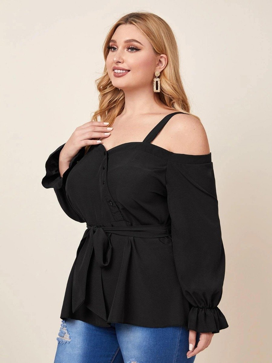Plus Woman Size Woman Cold Shoulder Belted Ruffle Blouse