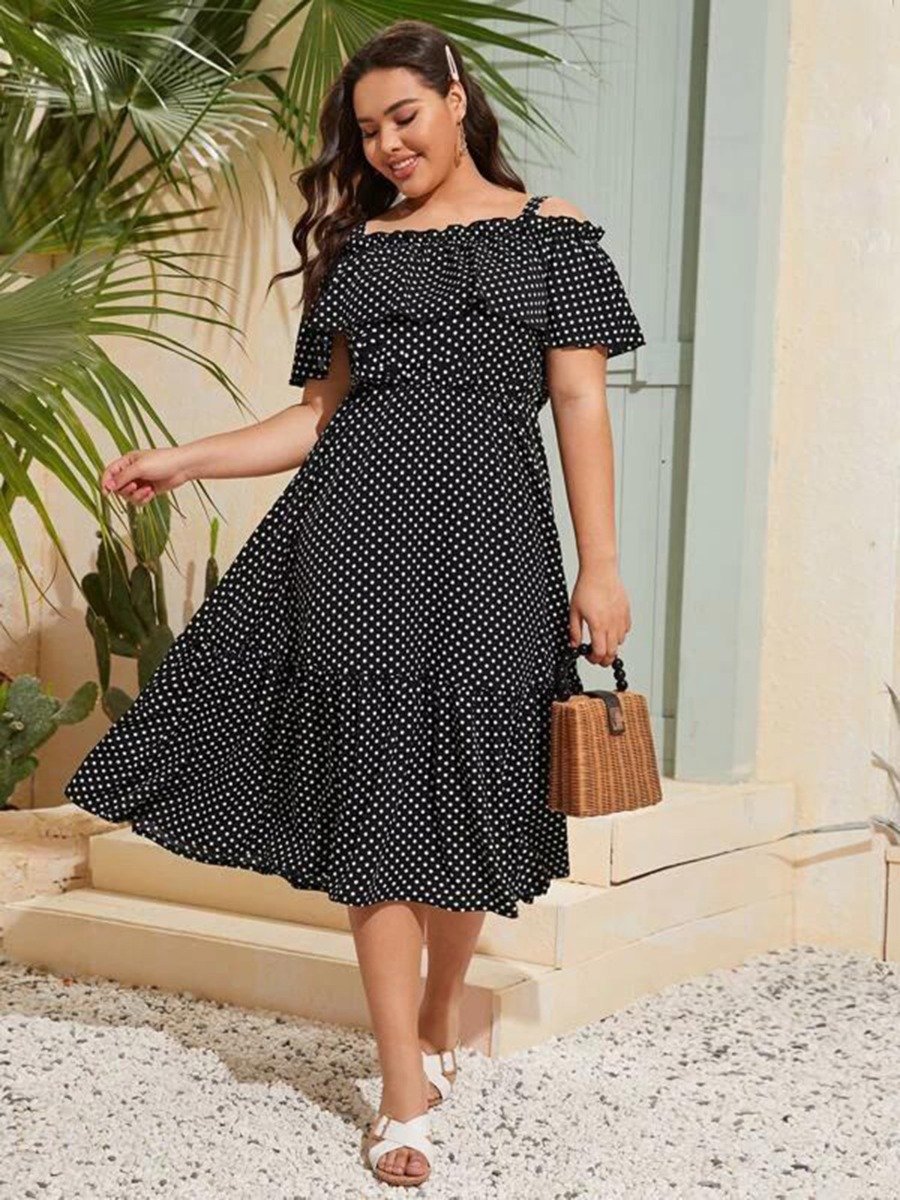 Cold Shoulder Polka Dot Print Ruffle woman Dress suppliers
