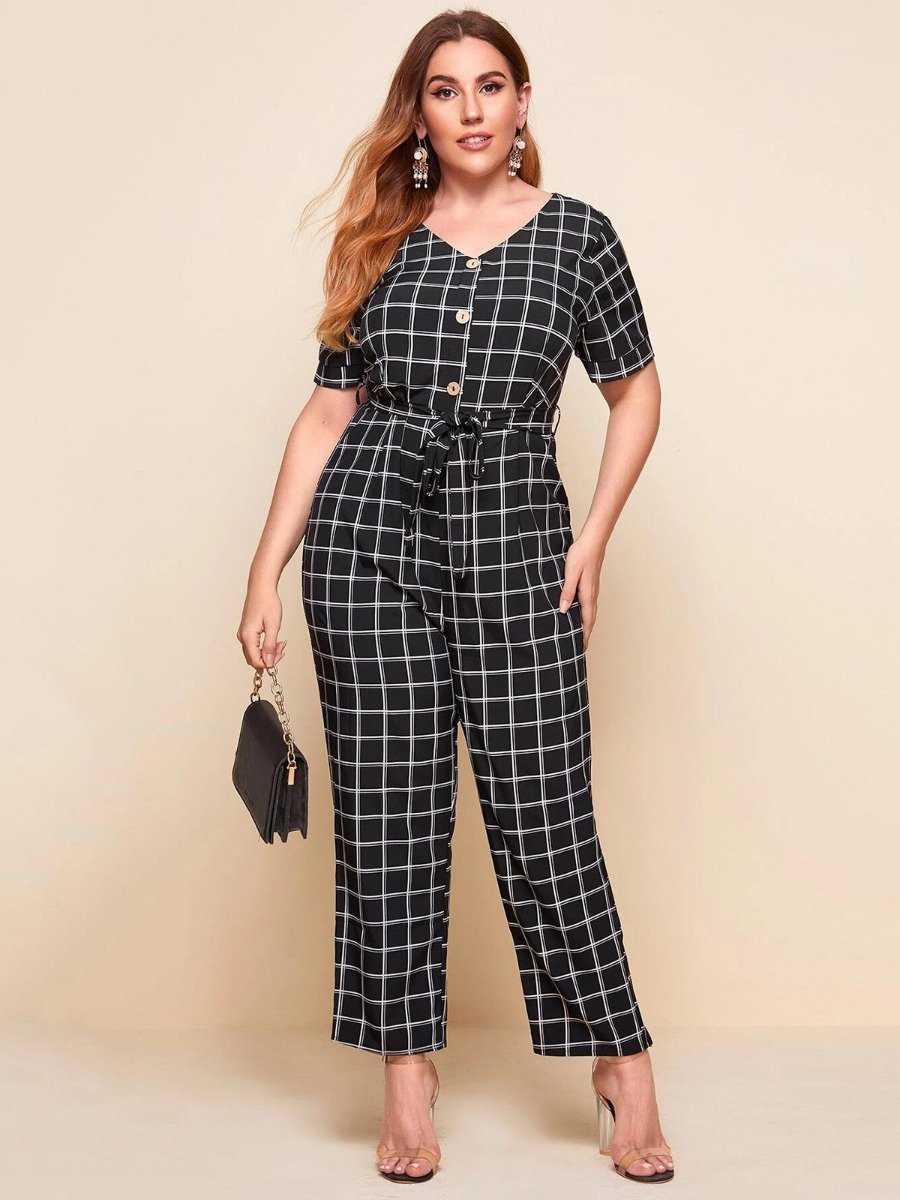 Plus Woman Size Woman Belted Checked Jumpsuit