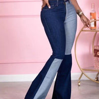 Plus Fringe Hem Color-Block Flared Woman Jeans