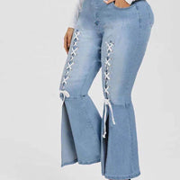 Plus Woman Size Woman Eyelet Lace-Up Slit Bell Jeans