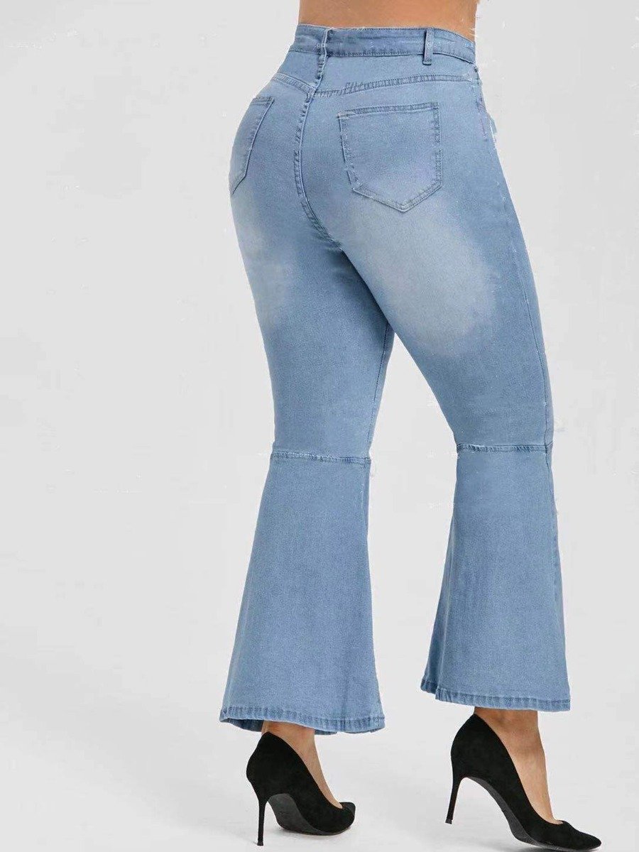 Plus Woman Size Woman Eyelet Lace-Up Slit Bell Jeans
