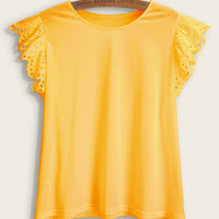 Plus Flutter Sleeve Lace Patchwork Plain lady T-Shirt