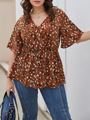 Plus Size Flutter Sleeve Floral Peplum woman  Blouse