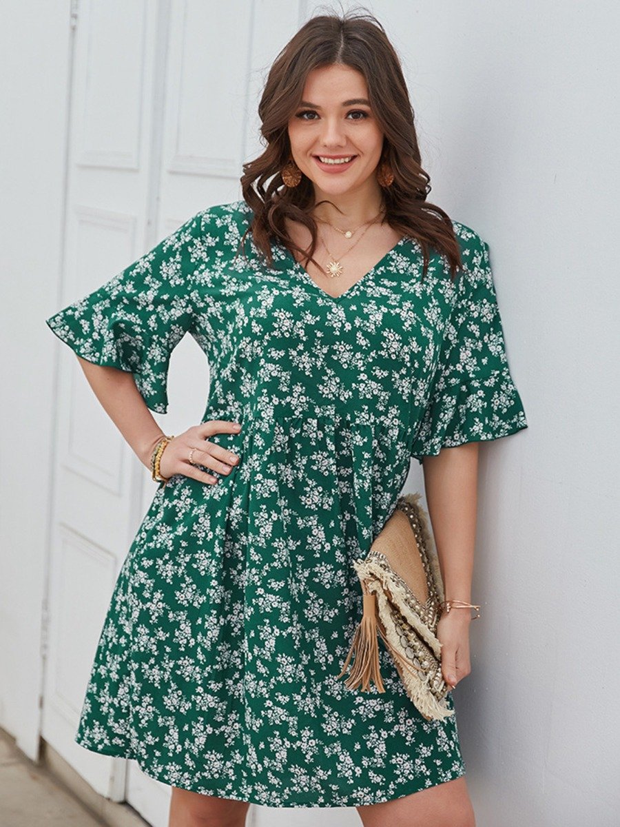 Bell Sleeve Floral Plus Size woman Dress