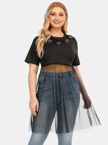 Plus Size Mesh Patchwork Burnout woman Top