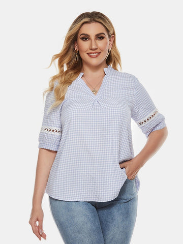 Plus Size V  Pierced Lace Patchwork Plaid woman Shirt