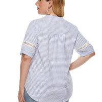 Plus Size V  Pierced Lace Patchwork Plaid woman Shirt