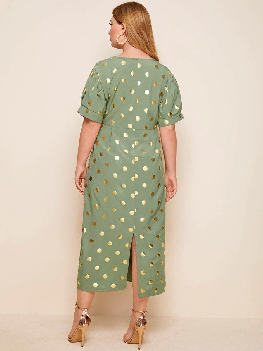 Plus Woman Size Woman Hot Stamping Dots V-Neck Dress