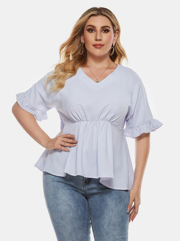 Ruffle Sleeve V-neck Plus Size Peplum woman Blouse