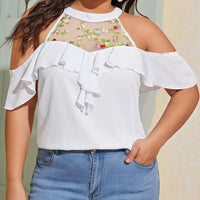Plus Size Cold Shoulder Flower Embroidered Ruffle woman Blouse
