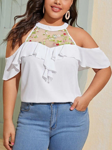 Plus Size Cold Shoulder Flower Embroidered Ruffle woman Blouse