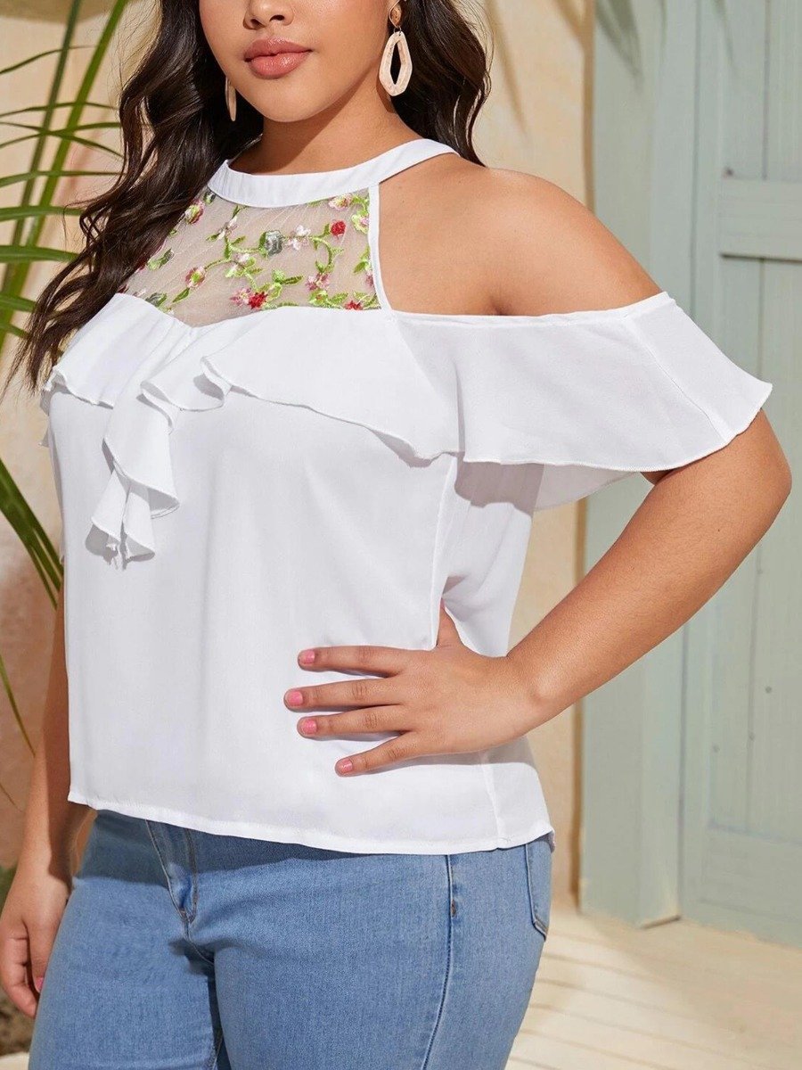 Plus Size Cold Shoulder Flower Embroidered Ruffle woman Blouse