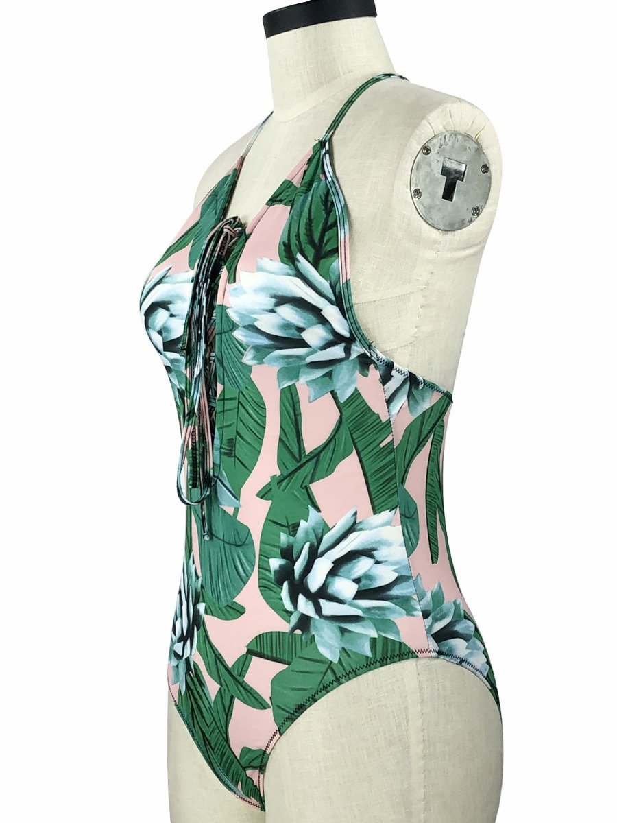 Plus Size lady Backless Crisscross Leaf Print Bikini Swimsuit