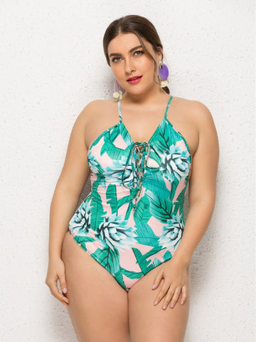 Plus Size lady Backless Crisscross Leaf Print Bikini Swimsuit