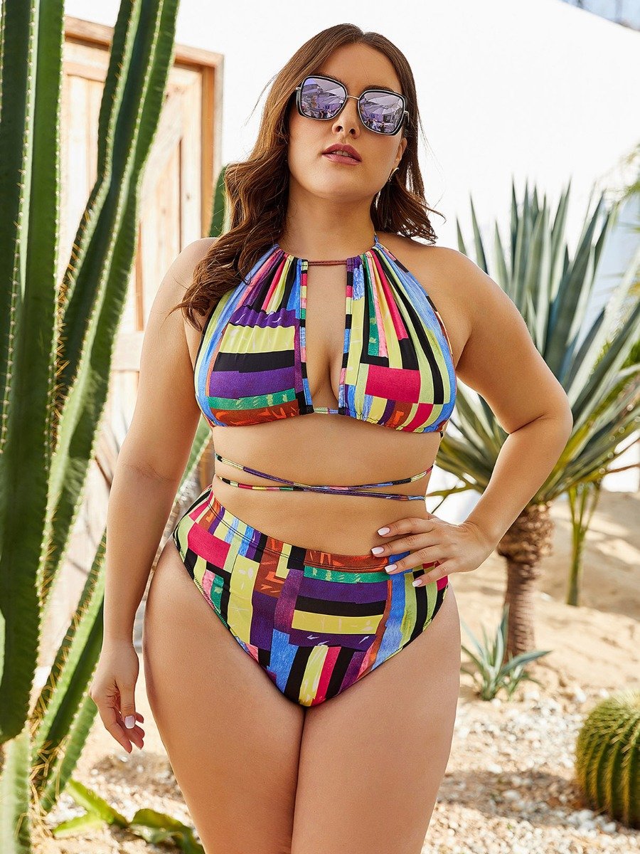 Plus Size Colorblock Stripe woman Swimsuit