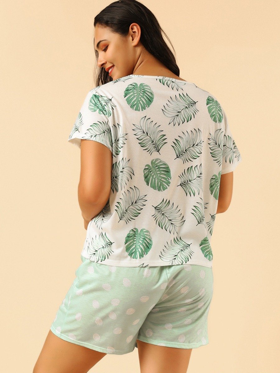 Plus Size Leaf Print Top And Polka Dots woman Shorts Loungewear