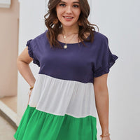 Plus Size woman Ruffle Sleeve Triple Colorblock Top