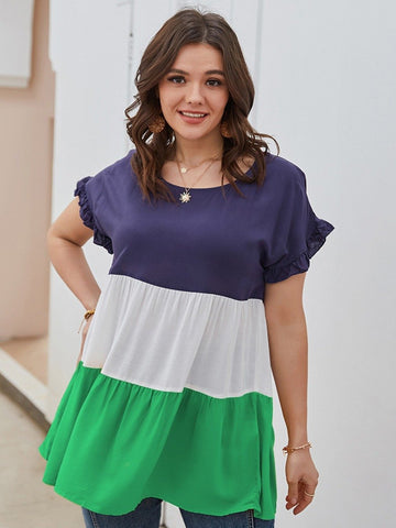 Plus Size woman Ruffle Sleeve Triple Colorblock Top