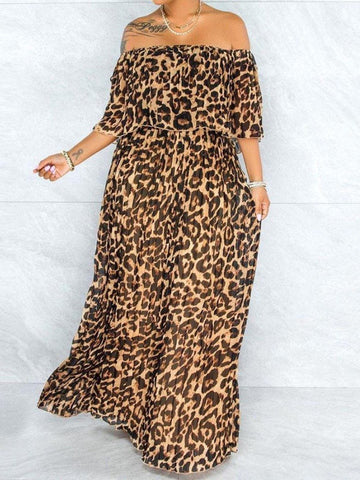 Plus Size Off-shoulder Ruffled Leopard Print woman Dress