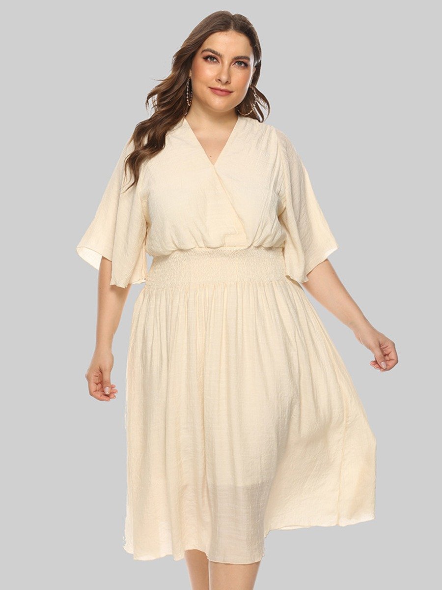 Plus Size V-neck Flutter Sleeve Shirred woman Dress