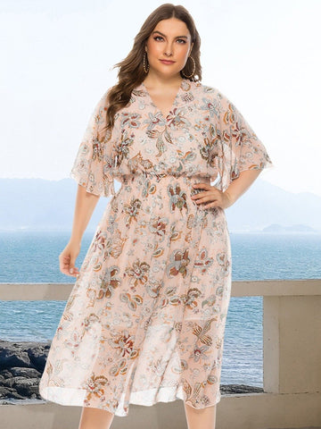 Plus Size Flutter Sleeve Flower Print Shirred woman Dress