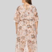 Plus Size Flutter Sleeve Flower Print Shirred woman Dress