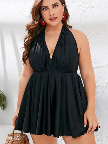 Plus Size V-neck Lace Trim Halter woman Swim Dress