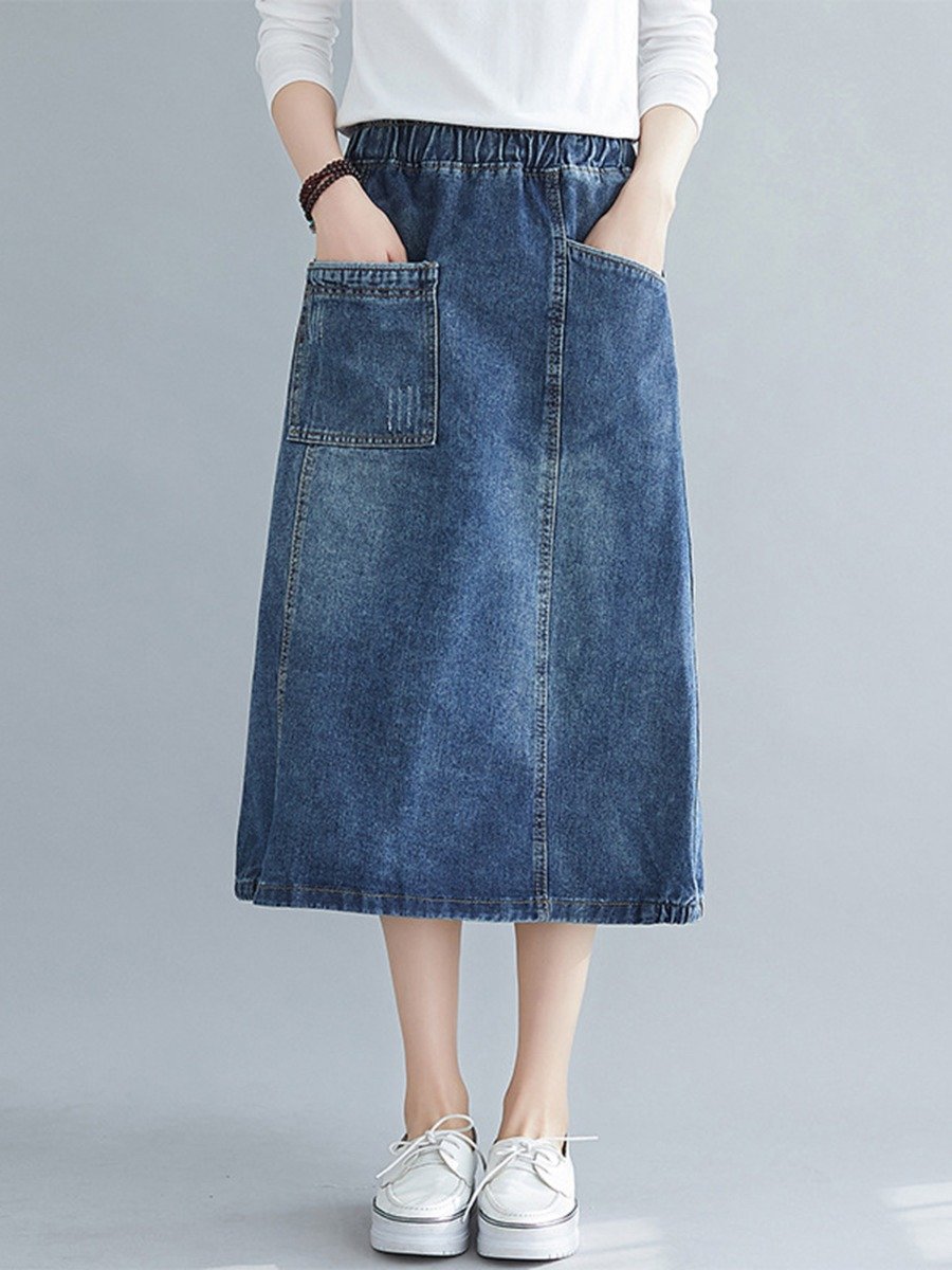 woman plus size Double Pocket Elastic Waist Oversize Denim Skirt