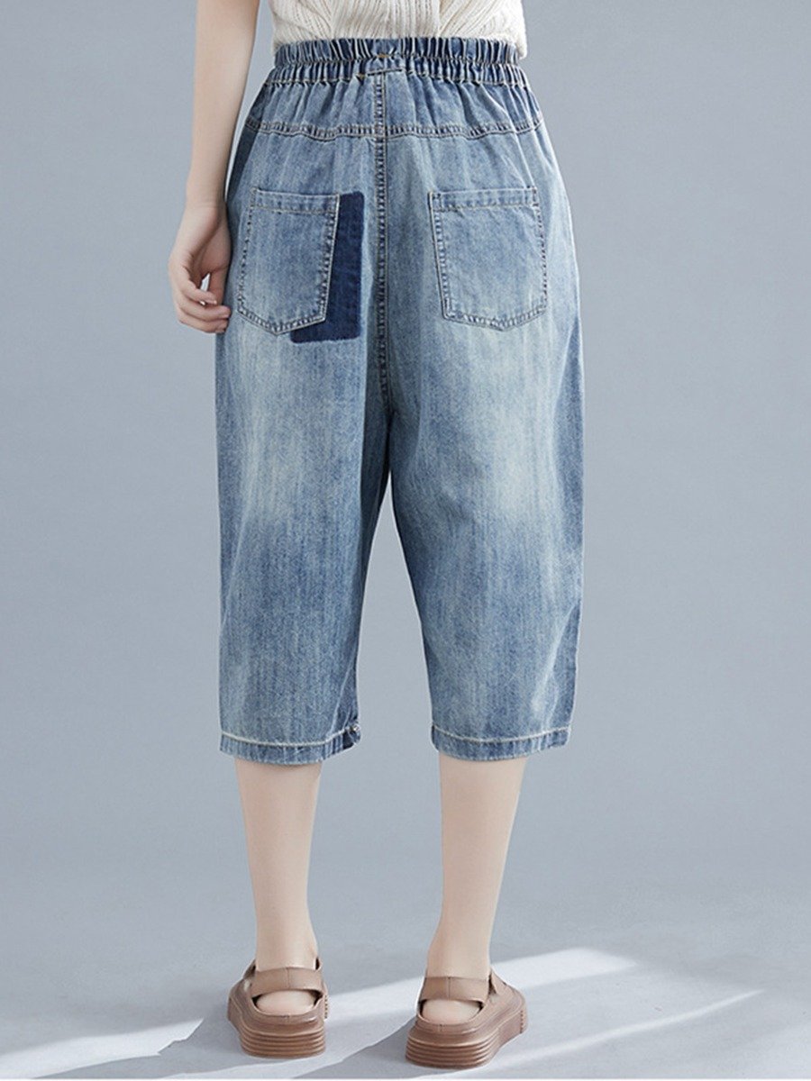 Elastic Waist Patched Paperbag Crop woman Jeans