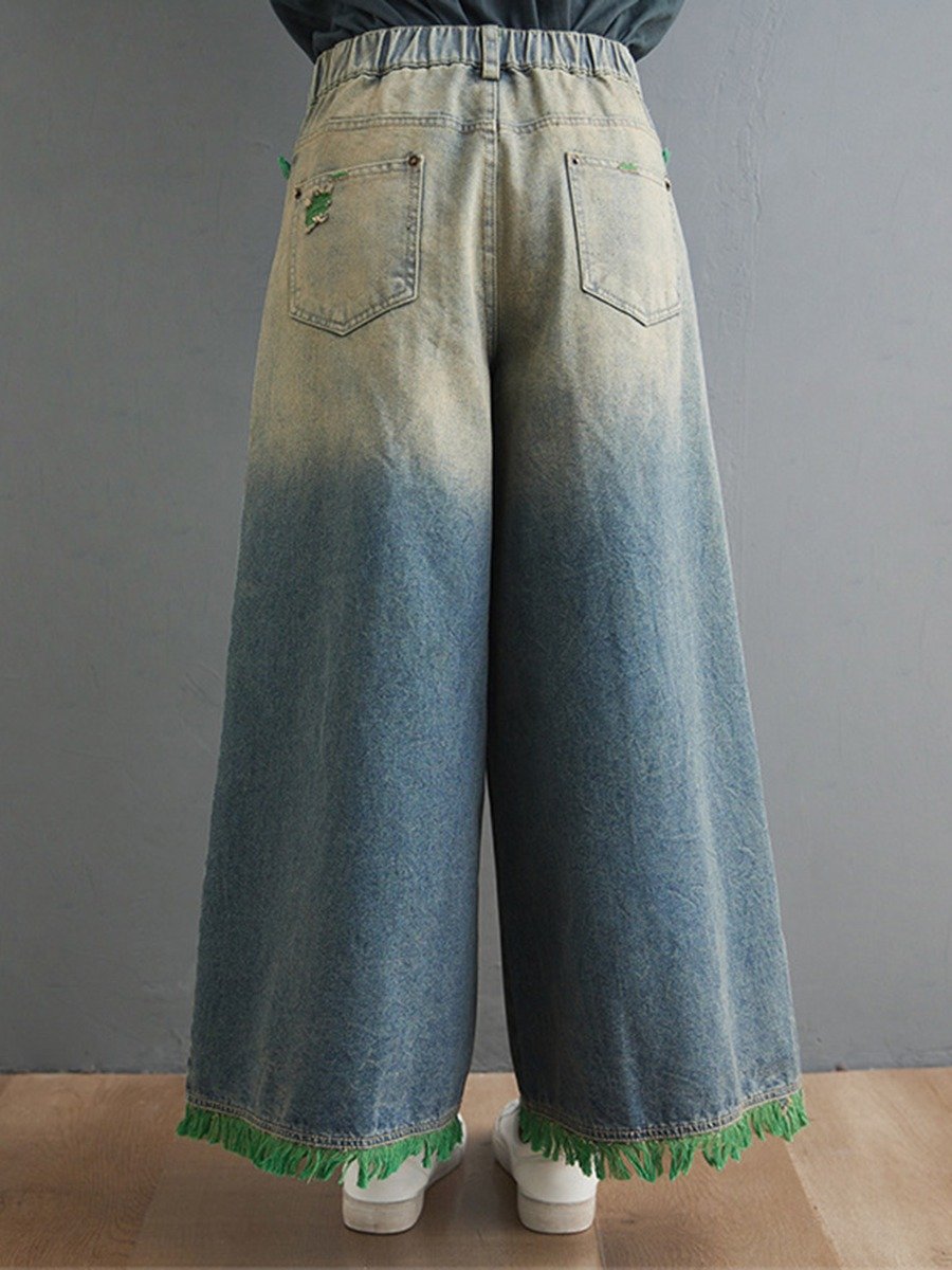Fringe Trim Colorblock Ripped Wide-leg Jeans