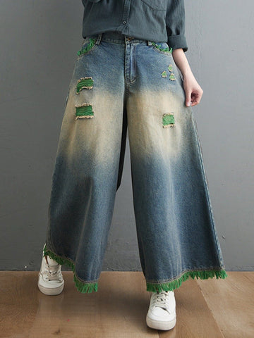 Fringe Trim Colorblock Ripped Wide-leg Jeans