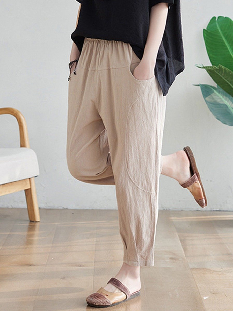 plus Hight Waist Soild Linen Oversized woman Pants