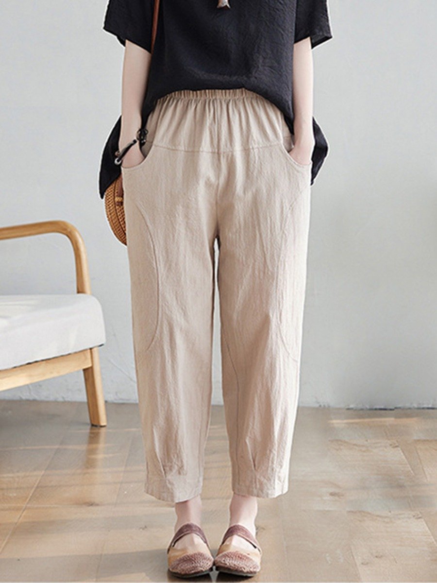 plus Hight Waist Soild Linen Oversized woman Pants