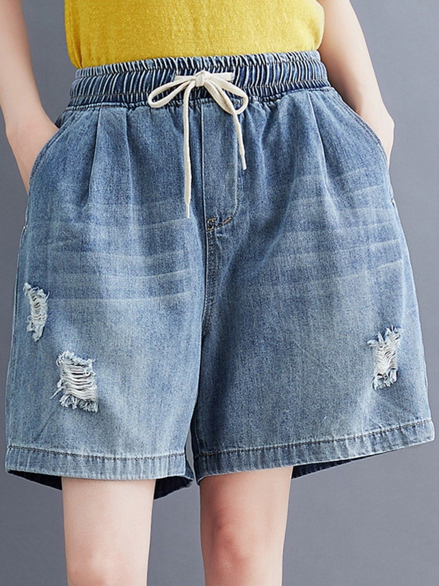 Tied Elastic Waist Ripped Bleached Oversize Denim woman Shorts