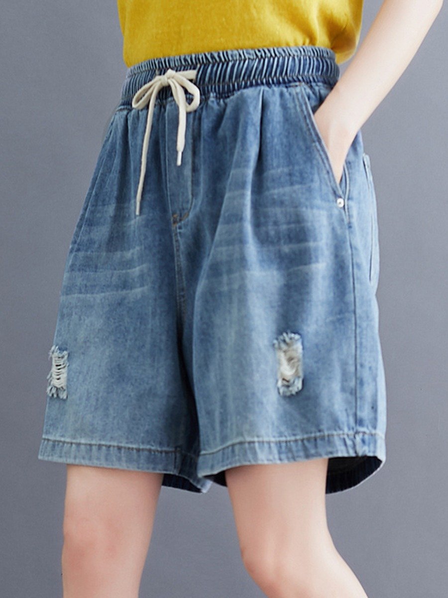 Tied Elastic Waist Ripped Bleached Oversize Denim woman Shorts