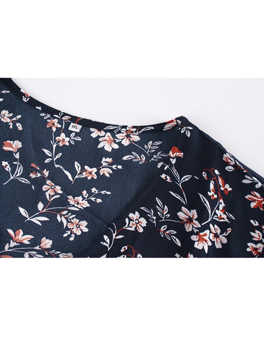 Plus Size Fringe Trim Flower Print Tied woman Dress