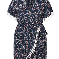 Plus Size Fringe Trim Flower Print Tied woman Dress