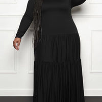 Plus Size woman Solid Color Frill Hem long  Dress