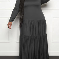 Plus Size woman Solid Color Frill Hem long  Dress
