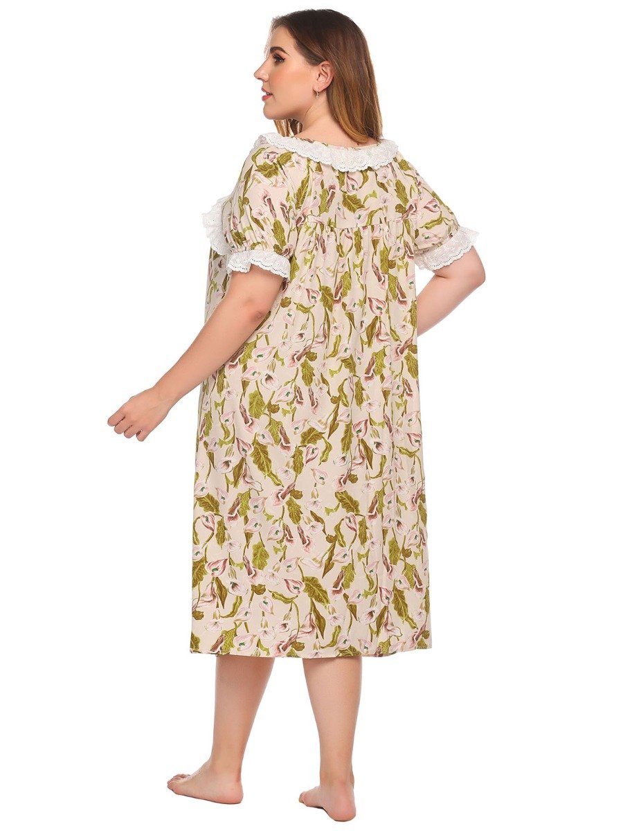 Plus Size Lace Trim Flower Print woman dress